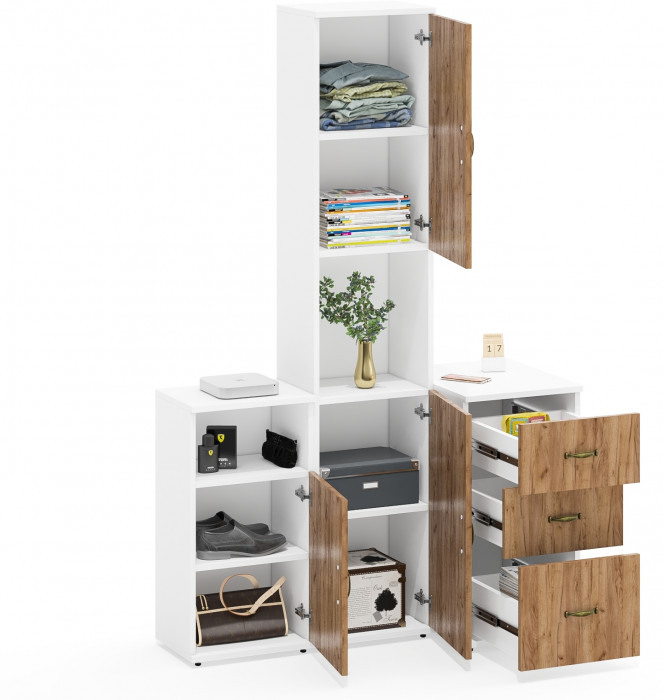 Лидер-8 Пенал + Тумба МД 3.16 + Тумба МД 3.19, белый шагрень/крафт золото