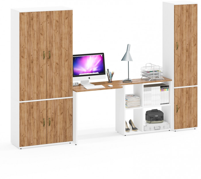 Лидер-8 Шкаф МД 20Б + Стол + Пенал 21Б, цвет белый шагрень/крафт золото, ШхГхВ 285х50/37,5х75/190 или 195х120х75/190 см., НЕ ун.сб.