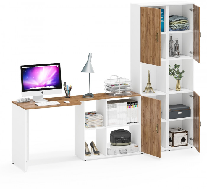 Лидер-8 Стол + Пенал + Пенал, белый шагрень/крафт золото