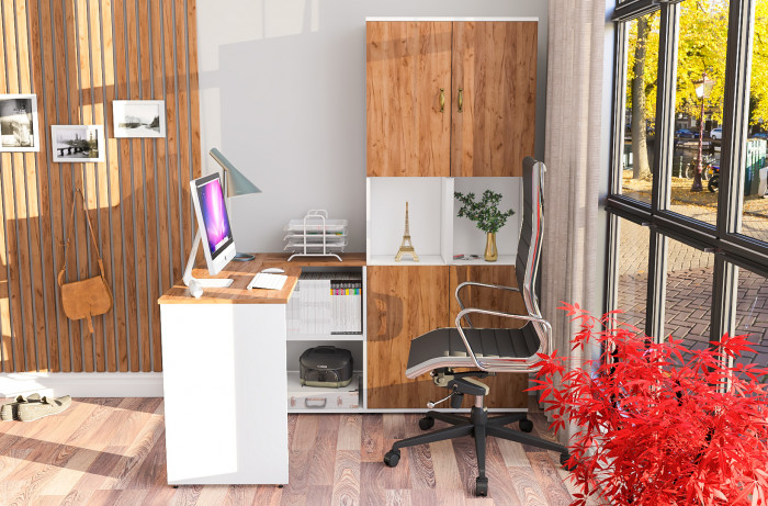 Лидер-8 Стол + Пенал + Пенал, белый шагрень/крафт золото