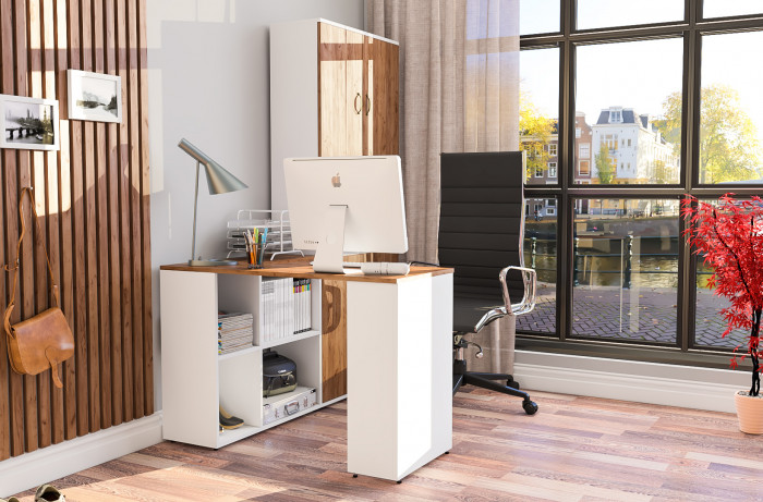 Лидер-8 Стол + Пенал + Пенал, белый шагрень/крафт золото