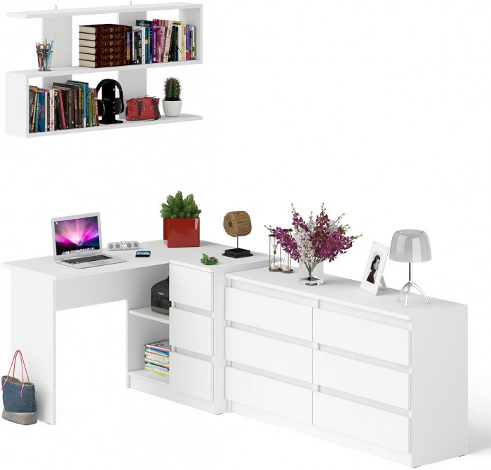 Мори компьютерный стол МС-16 правый + Комод МК1380.6 + Полка 1200, белый