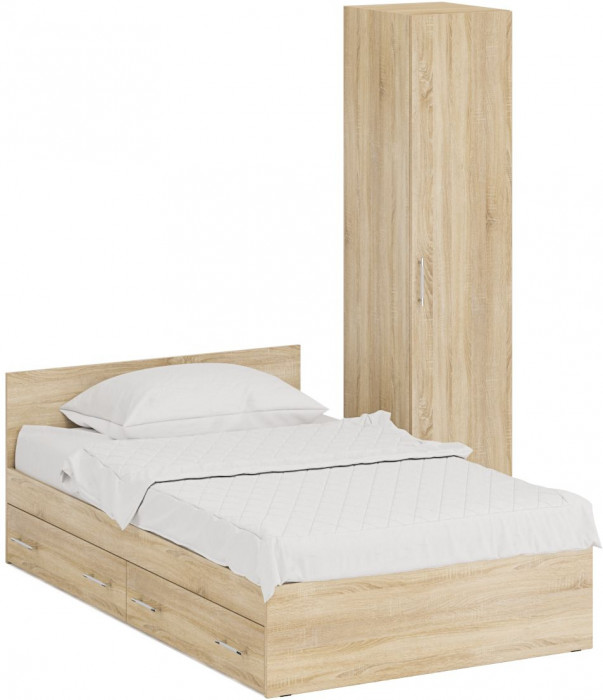 Кровать с ящиками 1200 + Пенал Стандарт, цвет дуб сонома, ШхГхВ 123,5х203,5х70 + 45х52х200 см., сп.м. 1200х2000 мм., без матраса, основание есть
