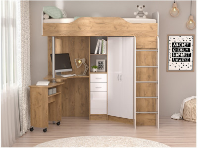 Кровать-чердак Бриз-1 80х190 (Дуб Крафт Золотой / Белый Глянец)