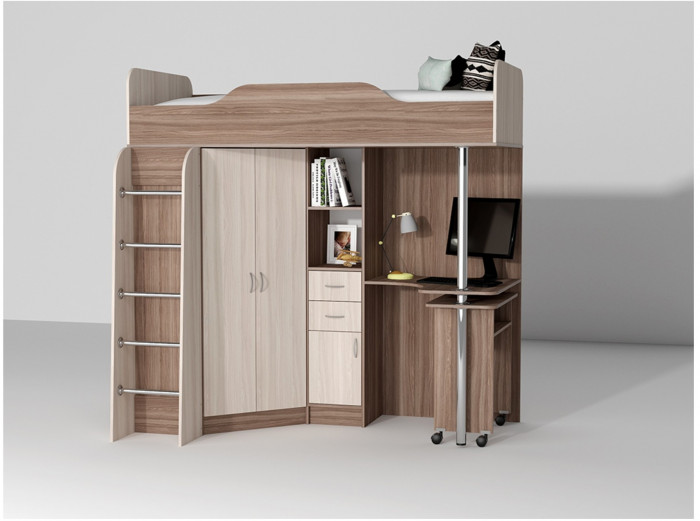 Кровать-чердак Бриз-1 80х190 (Дуб Крафт Золотой / Белый Глянец)