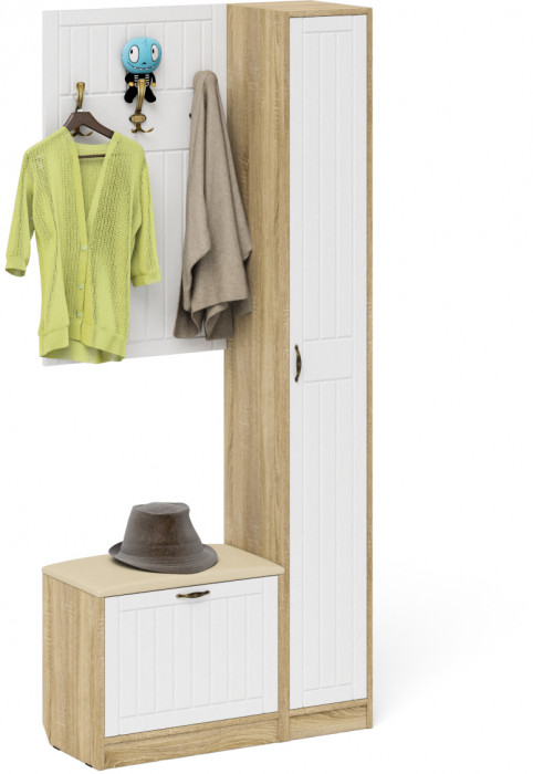 Прихожая П-6 Компоновка № 21, дуб сонома/фасады МДФ белое дерево фрезеровка прованс