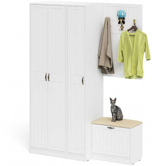 Прихожая П-6 Компоновка № 47, белая шагрень/фасады МДФ белое дерево фрезеровка прованс