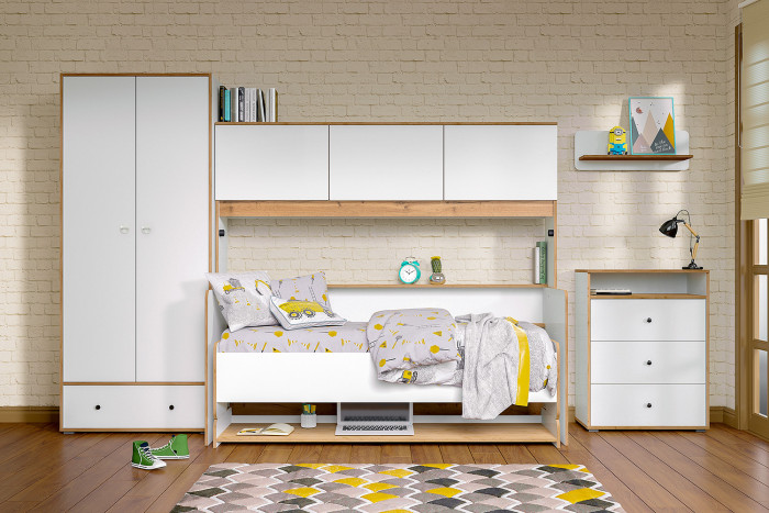 Вуди 13.293 Комод + Полка 15.46, белый премиум/дуб крафт золотой