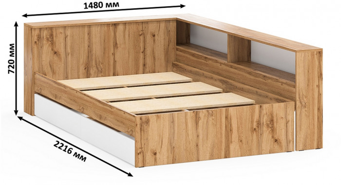 Ксения Кровать с ящиками 1200 + прикроватный блок + Столик с подсветкой Сура, дуб вотан/белый