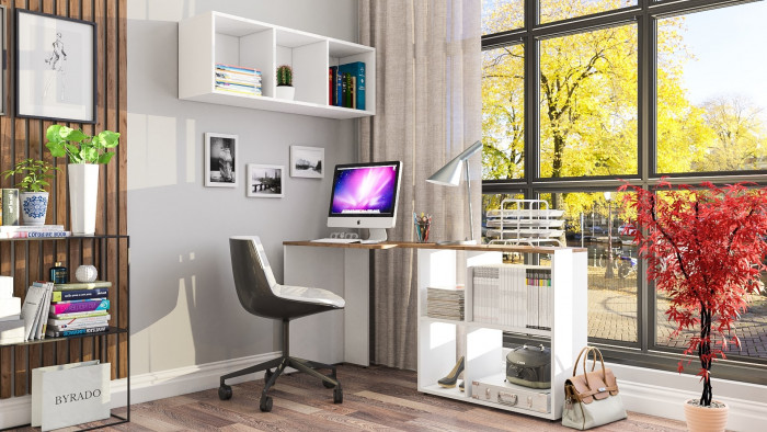 Лидер-8 Стол + Полка, цвет белый шагрень/крафт золото, ШхГхВ 165х50/30х190 см. или 115х50/80х190 см., НЕ универсальная сборка