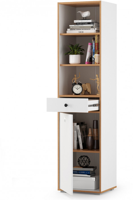 Вуди 13.146 Стеллаж, цвет белый премиум/дуб крафт золотой, ШхГхВ 45х40,2х180,3 см., универсальная сборка