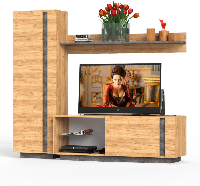 КР100 ??? Арчи № 08, цвет дуб крафт золотой/камень тёмный, ШхГхВ 190х41,3х193,7 см., ниша для ТВ 130х41х110 см., универсальная сборка