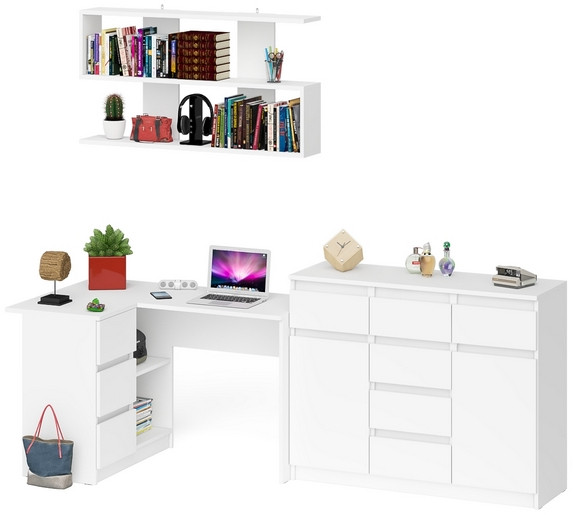 Мори компьютерный стол МС-16 левый + Комод МК1200.4 + Полка 1200, белый
