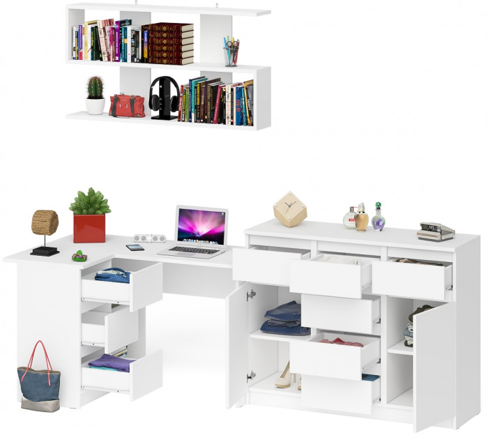 Мори компьютерный стол МС-16 левый + Комод МК1200.4 + Полка 1200, белый