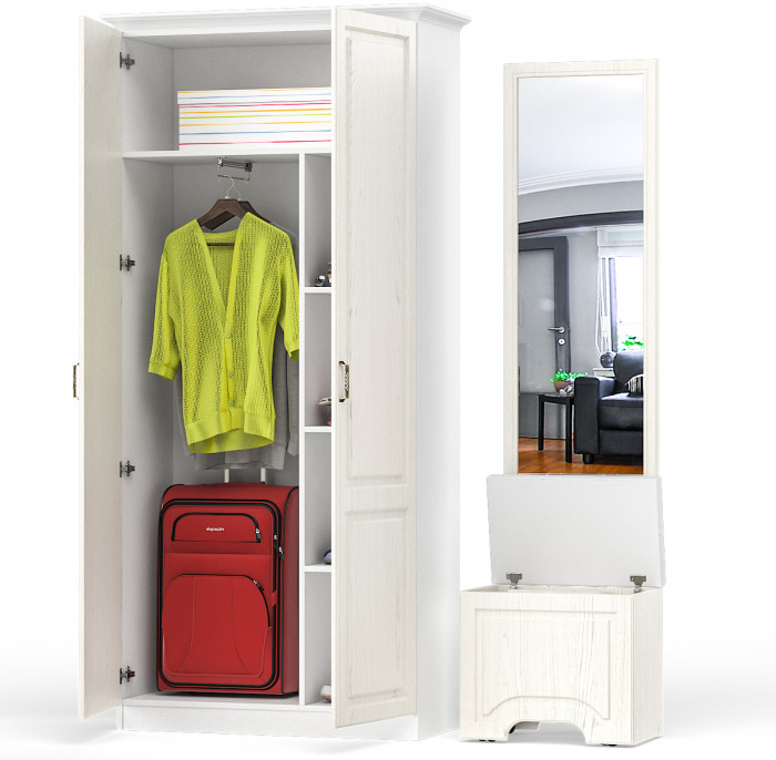 Ливерпуль Пуф 14.02 + Зеркало 03.242 + Шкаф для одежды + карниз 1000, цвет ясень ваниль/белый, универсальная сборка