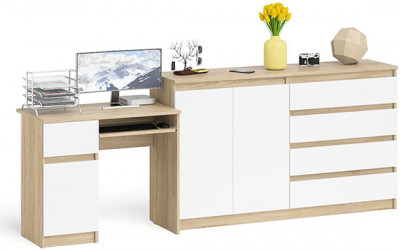 Мори Стол компьютерный МС-1 левый + Комод МК1600.1, цвет дуб сонома/белый, ШхГхВ 250,4х50х94 см., выдвижной ящик слева, НЕ универсальная сборка