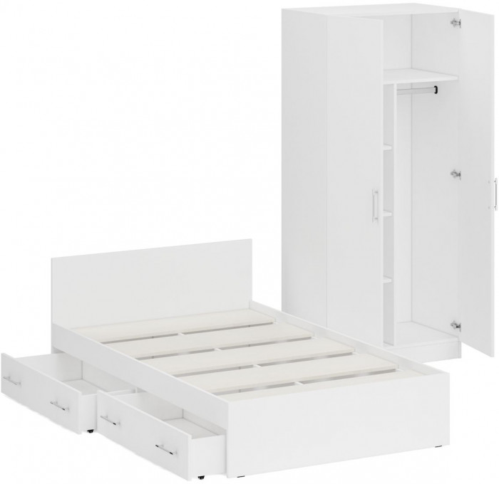Кровать с ящиками 1200 + Шкаф 2-х створчатый Стандарт, цвет белый, ШхГхВ 123,5х203,5х70 + 90х52х200 см., сп.м. 1200х2000 мм., б/м, основание есть