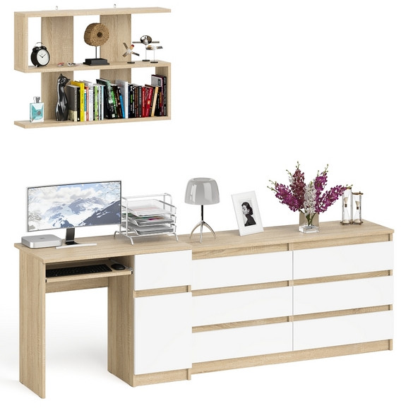 Мори Стол компьютерный МС-1 правый + Комод МК1380.6 + Полка 900, цвет дуб сонома/белый, ШхГхВ 228х50х209,6 см., НЕ универсальная сборка