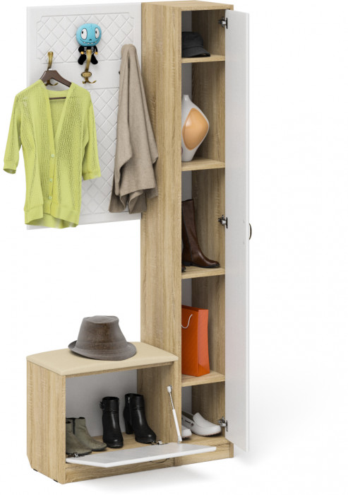 Прихожая П-6 Компоновка № 21, дуб сонома/фасады МДФ белое дерево фрезеровка ромб