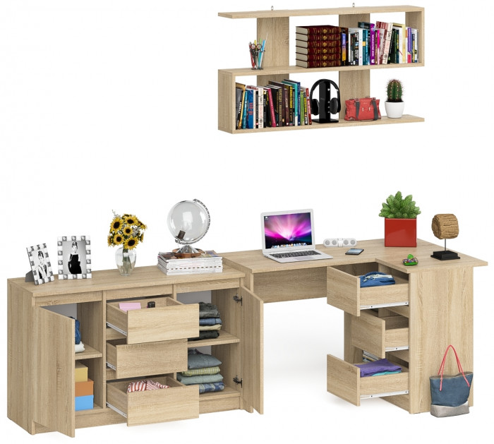 Мори компьютерный стол МС-16 правый + Комод МК1200.3 + Полка 1200, дуб сонома