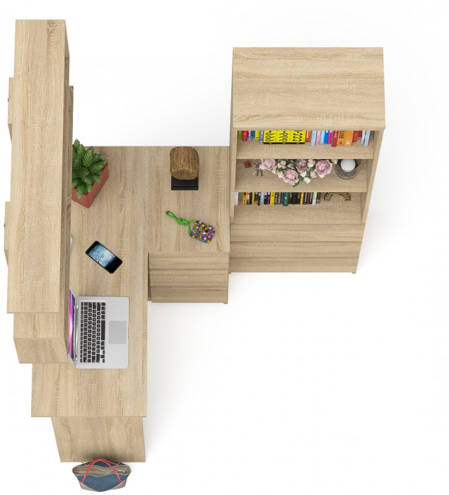 Мори компьютерный стол МС-16 правый + Стеллаж МСТ600.3 + Полка 1200, дуб сонома