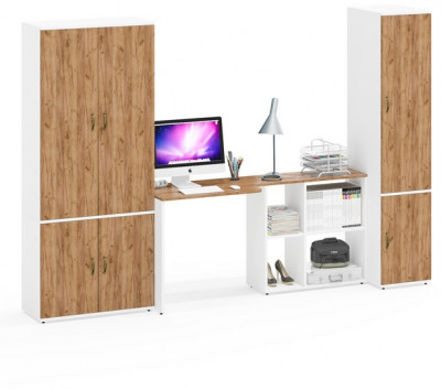 Лидер-8 Шкаф МД 20Б + Стол + Пенал 23Б, цвет белый шагрень/крафт золото, ШхГхВ 285х50/37,5х75/190 или 195х120х75/190 см., НЕ ун.сб.