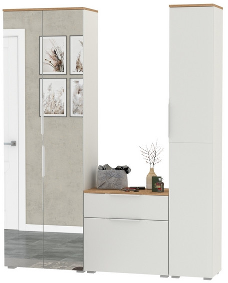 Октава Прихожая 21, цвет белый шагрень/дуб крафт золотой/фасады МДФ белый шагрень, ШхГхВ 161,5х35,4х197,6 см., универсальная сборка