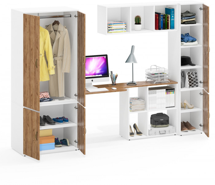 Лидер-8 Шкаф МД 19Б + Стол + Полка + Пенал 22Б, белый шагрень/крафт золото