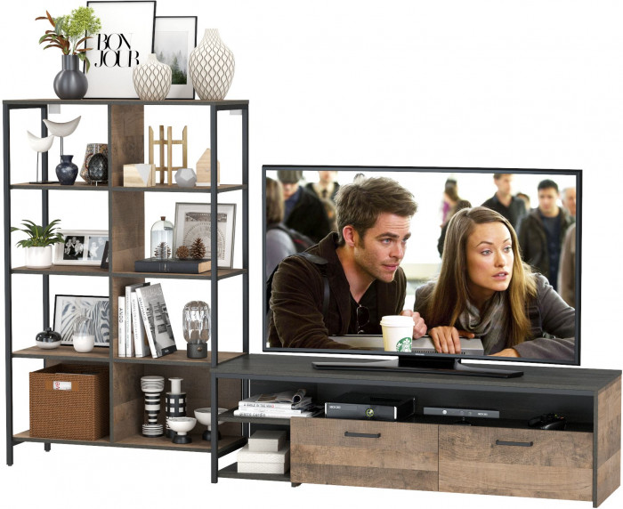 Трувор 13.70 Тумба под ТВ + 13.151.02 Стеллаж, цвет дуб гранж песочный/интра, ШхГхВ 239,8х45,4х146 см., универсальная сборка