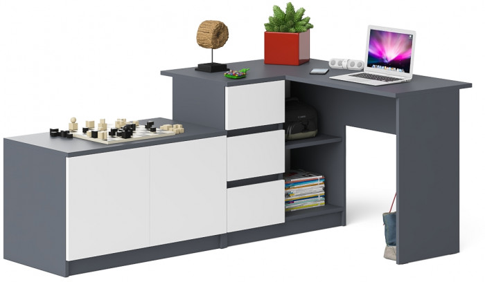 Мори компьютерный стол МС-16 левый + Тумба МА900.1, графит/белый