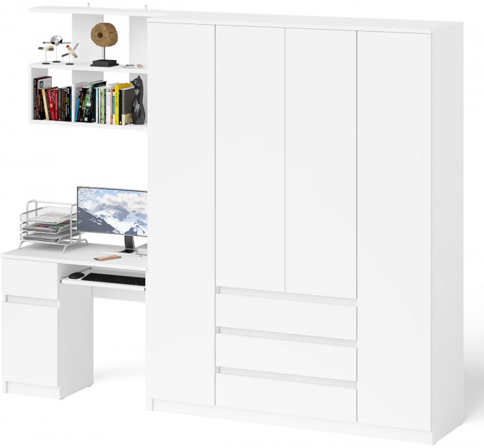 Мори Стол компьютерный МС-1 левый + Шкаф МШ1600.1 + Полка 900, цвет белый, ШхГхВ 250,4х50,4х209,6 см., НЕ универсальная сборка