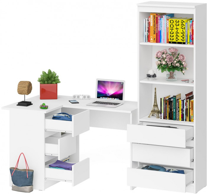 Мори Стол компьютерный МС-16 левый + Стеллаж МСТ600.3, цвет белый, ШхГхВ 184,8х84,9х179,6 см., выдвижные ящики слева, НЕ универсальная сборка