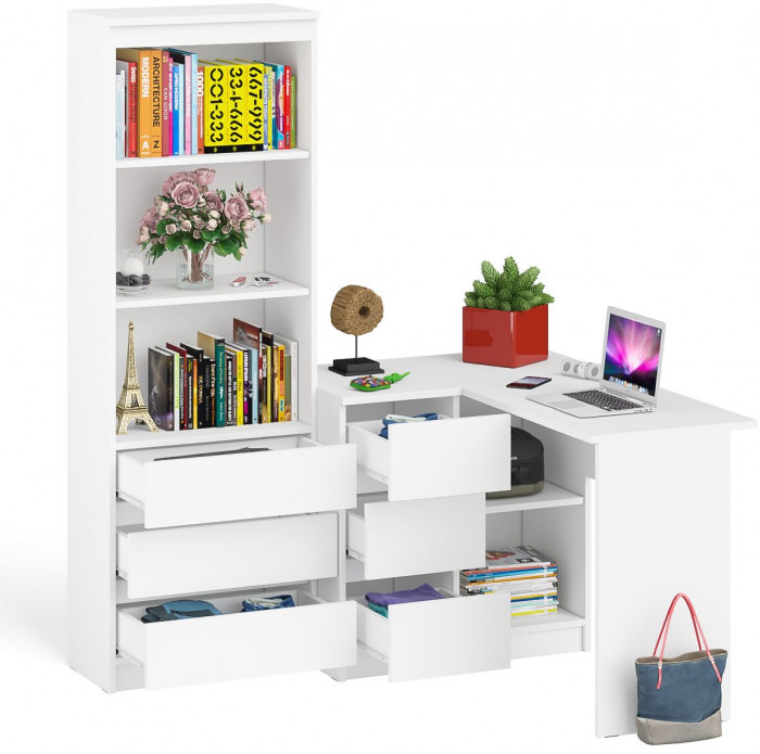 Мори Стол компьютерный МС-16 левый + Стеллаж МСТ600.3, цвет белый, ШхГхВ 184,8х84,9х179,6 см., выдвижные ящики слева, НЕ универсальная сборка