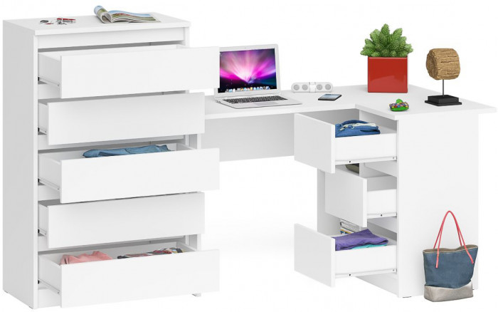 Мори Стол компьютерный МС-16 правый + Комод МК700.5, цвет белый, ШхГхВ 194,8х84,9х114 см., выдвижные ящики справа, НЕ универсальная сборка