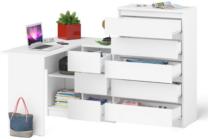 Мори Стол компьютерный МС-16 правый + Комод МК700.5, цвет белый, ШхГхВ 194,8х84,9х114 см., выдвижные ящики справа, НЕ универсальная сборка