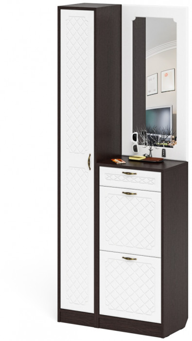 Прихожая П-6 Компоновка № 23, цвет венге/фасады МДФ белое дерево фрезеровка ромб, ШхГхВ 80х35х210 см., универсальная сборка