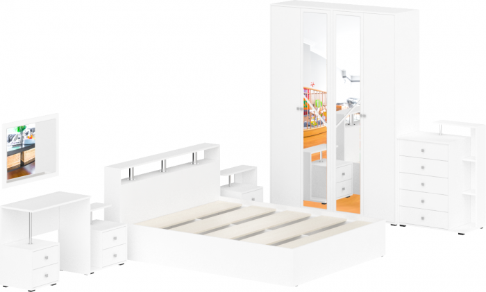 Камелия спальня № 3 Кровать 1600 + Две тумбы + Стол косметич. + Зеркало + Комод + Шкаф 4-х, белый