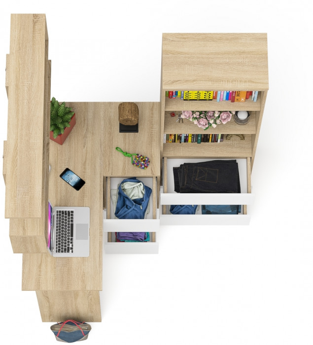 Мори компьютерный стол МС-16 правый + Стеллаж МСТ600.3 + Полка 1200, дуб сонома/белый