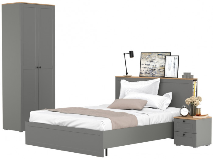 Остин 11.53 Кровать + ортопед + 13.224 Шкаф + 16.152 Тумба прикроватная, серый графит/дуб крафт золотой