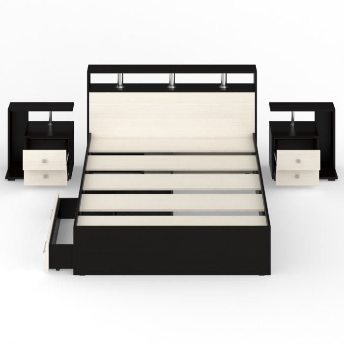 Камелия Кровать с ящиками 1400 + две тумбы, цвет венге/дуб лоредо, ШхГхВ 256х217х78,2 см., сп.м. 1400х2000 мм., без матраса, основание есть