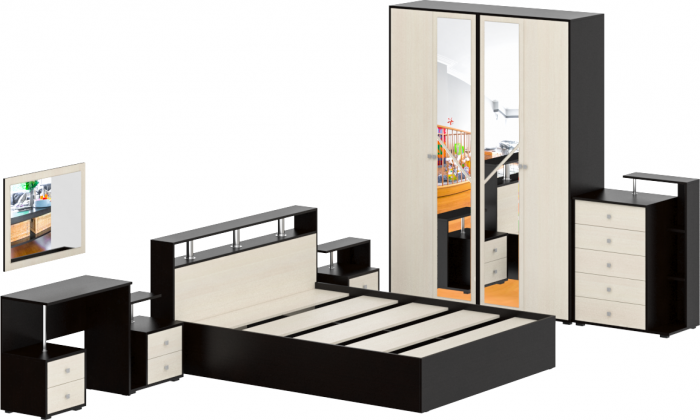 Камелия спальня № 3 Кровать 1600 + Две тумбы + Стол косметич. + Зеркало + Комод + Шкаф 4-х, венге/дуб лоредо