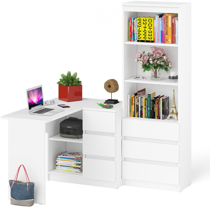 Мори компьютерный стол МС-16 правый + Стеллаж МСТ600.3, белый