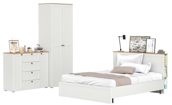 Остин 11.53 Кровать + ортопед + 13.224 Шкаф + 16.221 Комод, белый шагрень/дуб крафт золотой