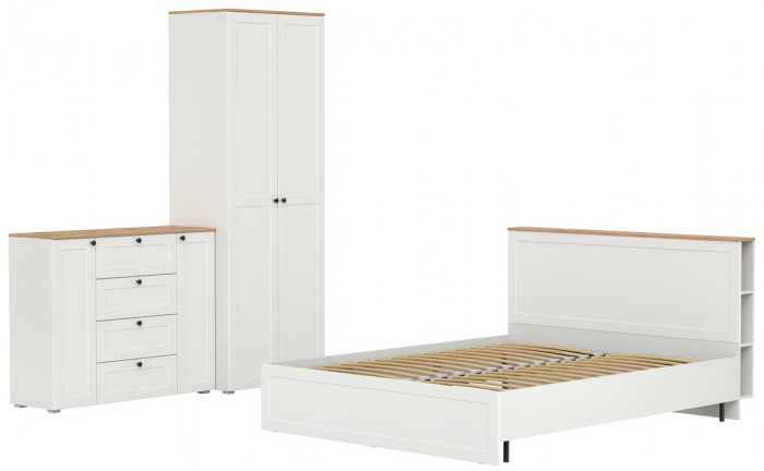 Остин 11.53 Кровать + ортопед + 13.224 Шкаф + 16.221 Комод, белый шагрень/дуб крафт золотой