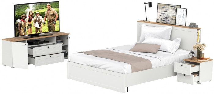 Остин 11.53 Кровать + ортопед + 16.47 Тумба под ТВ + 16.152 Тумба прикроватная, белый шагрень/дуб крафт золотой