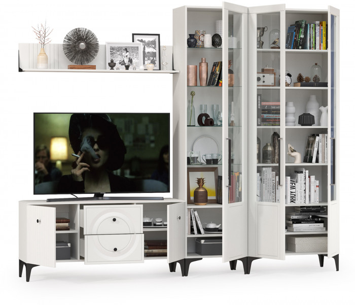 Валенсия Гостиная № 077, цвет ЛДСП белый шагрень/МДФ белый шагрень, ШхГхВ 272,2х38,3х225,2 см., универсальная сборка