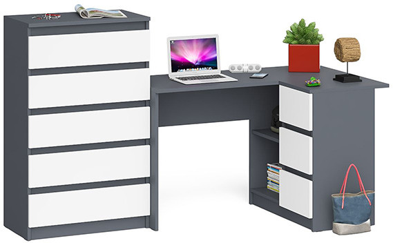 Мори Стол компьютерный МС-16 правый + Комод МК700.5, цвет графит/белый, ШхГхВ 194,8х84,9х114 см., выдвижные ящики справа, НЕ универсальная сборка