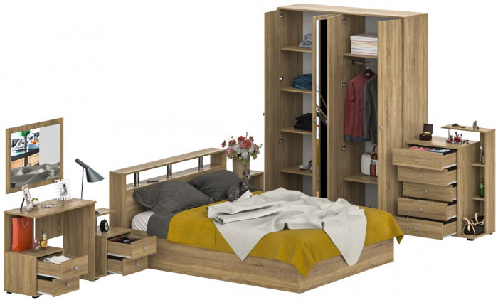 Камелия спальня № 3 Кровать 1600 + Две тумбы + Стол косметич. + Зеркало + Комод + Шкаф 4-х, дуб сонома