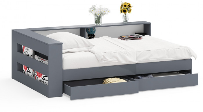 Ксения Кровать с ящиками 1200 + прикроватный блок, графит