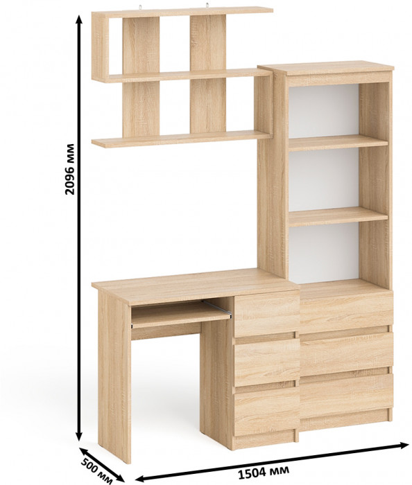 Мори Стол компьютерный МС-6 правый + Стеллаж МСТ600.3 + Полка 900, цвет дуб сонома, ШхГхВ 150,4х50х209,6 см., НЕ универсальная сборка